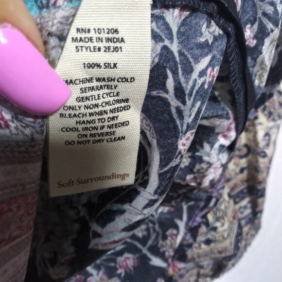 Soft Surroundings Milarepa Silk Puff Long Sleeve Floral Button Front Blouse Sz L - Picture 6 of 11